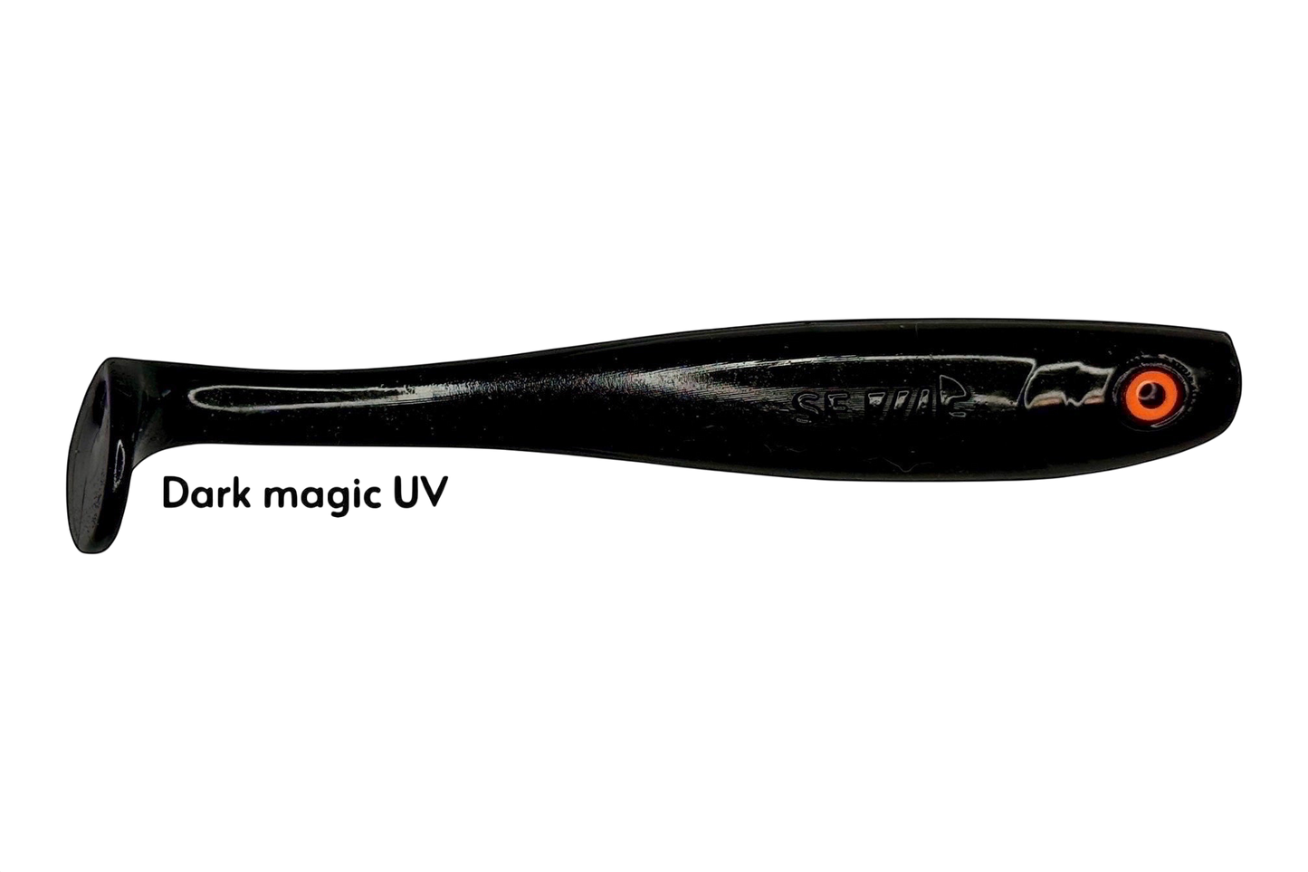 Fish-ing.net KG Shrady 14cm Dark Magic UV soft plastic fishing lure with orange eye detail.