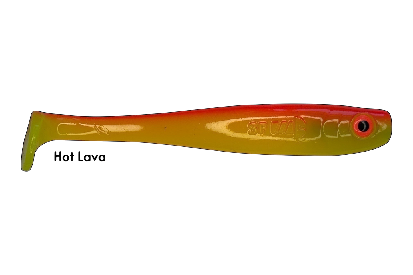 Fish-ing.net KG Shrady 14cm soft plastic fishing lure in hot lava color, designed for predatory fish.