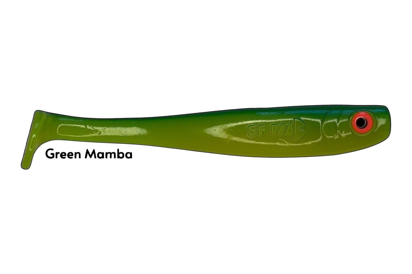 Fish-ing.net KG Shrady 14cm Neon Mamba soft plastic fishing lure, green and yellow gradient with red eye.