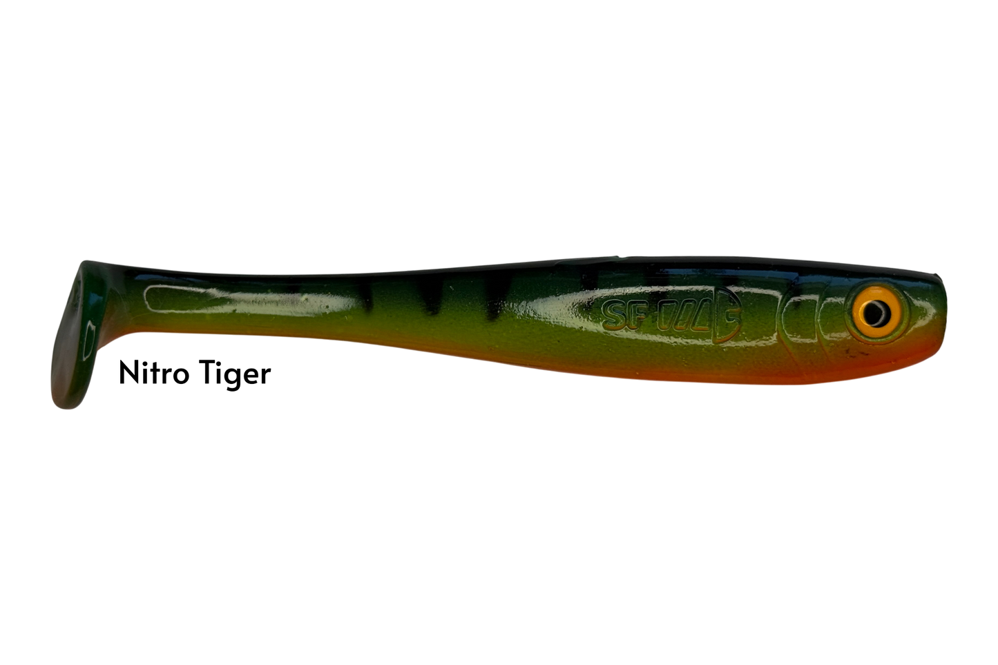 Fish-ing.net KG Shrady 14cm Nitro Tiger soft plastic fishing lure with green, yellow, and orange tiger stripes.