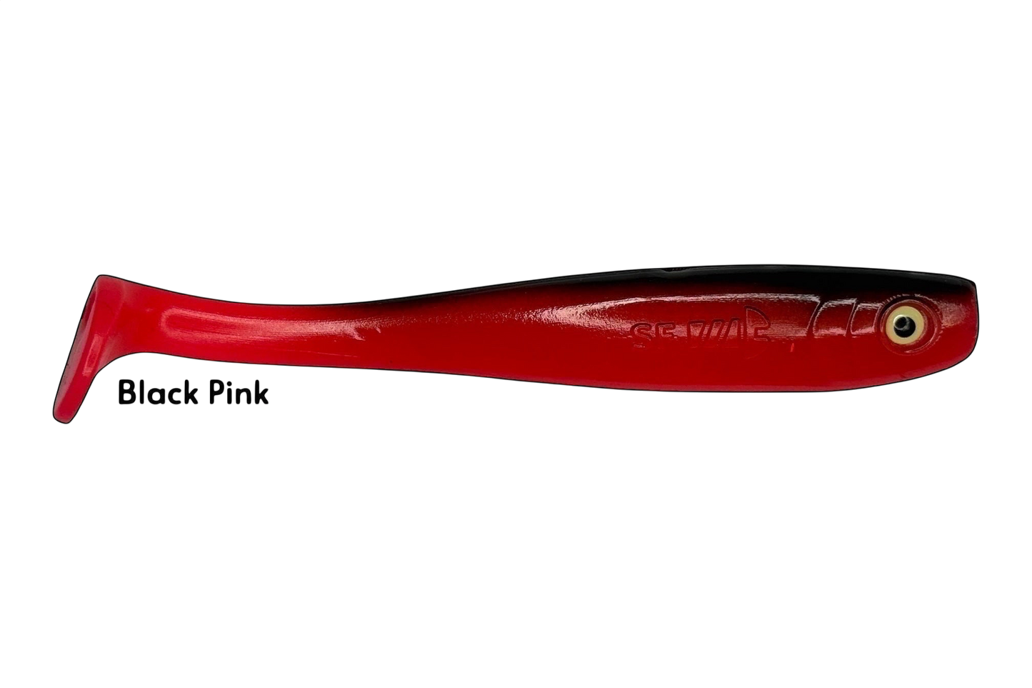 Fish-ing.net KG Shrady 14cm soft plastic fishing lure in pink and black with a paddle tail.