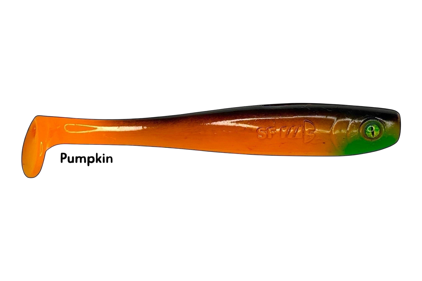 Fish-ing.net KG Shrady 14cm modular soft plastic fishing lure in pumpkin color with realistic eye detail.