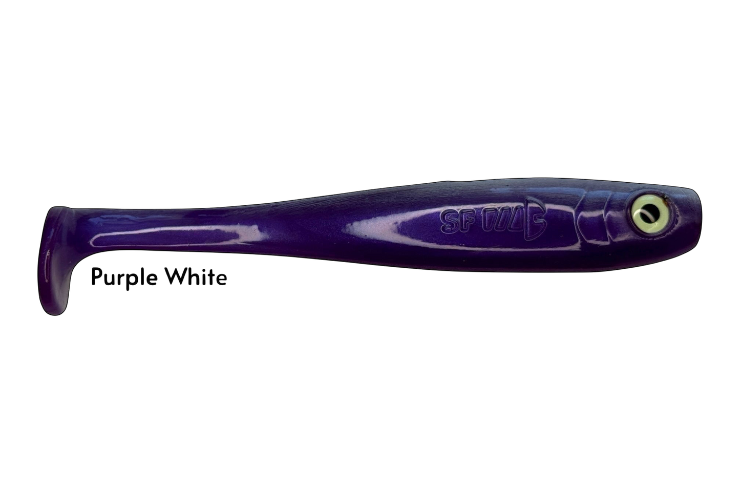 Fish-ing.net KG Shrady 14cm purple and white soft plastic fishing lure with integrated screw system.
